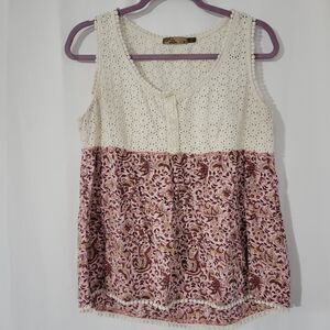 PrAna Effie Eyelet Crochet Tank Top M, Pink Ivory Bird & Butterfly Print EUC